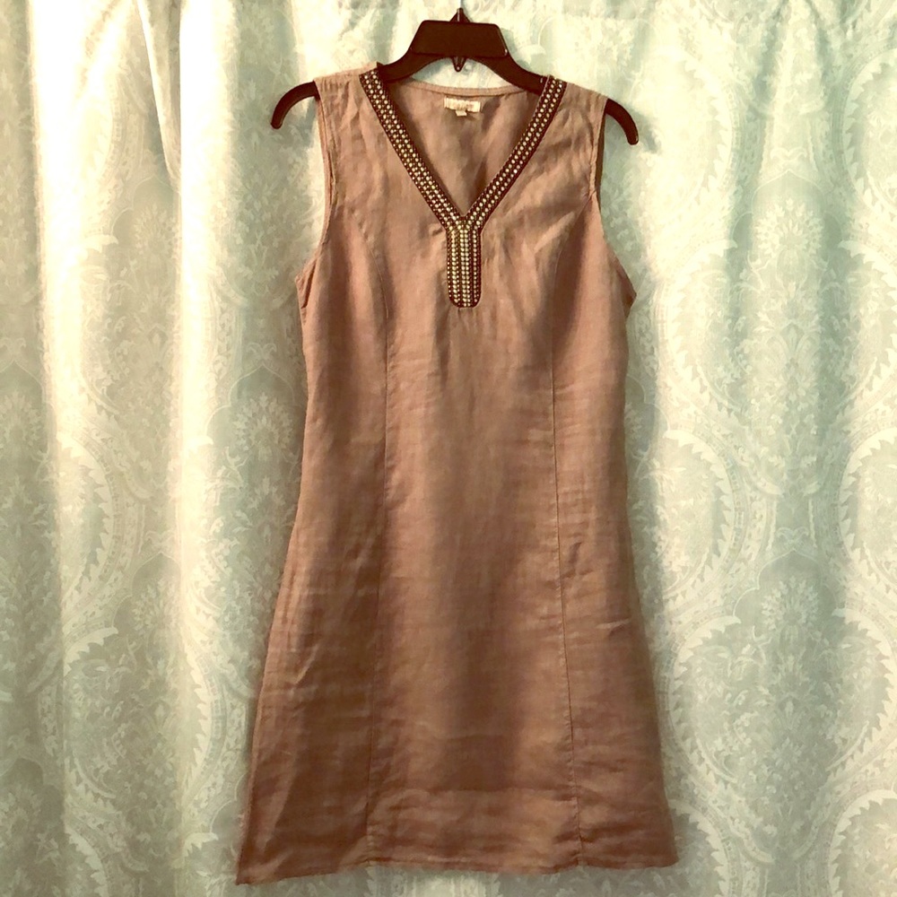 Elegant Gray Linen shift dress Rhinestone Collar